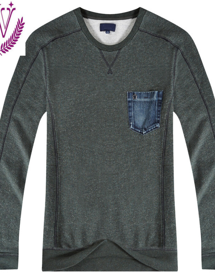 每購EASCO 2015年新款秋冬新款專柜產(chǎn)品 牛仔t恤 圓領(lǐng)薄款花紗男士長袖T恤 深藍(lán)色 L